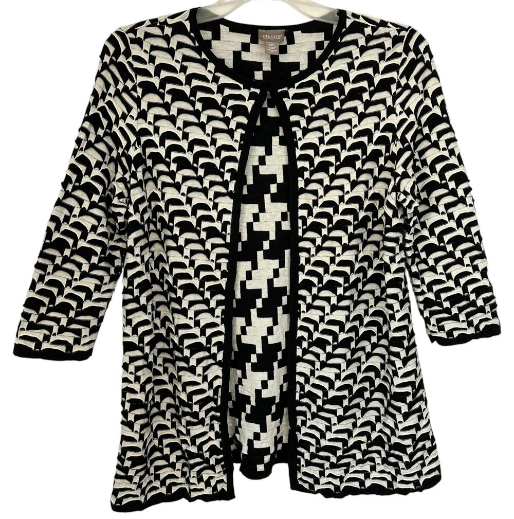 Chico's 2 Black White 3D Textured Geometric Cardigan Sweater Size L